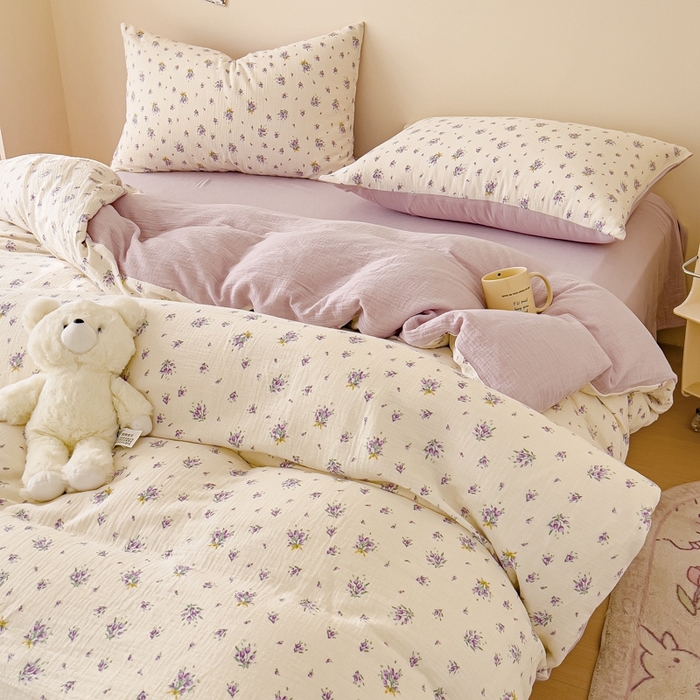 91家纺网 家纺一手货源 找家纺 木楌  2025新款全棉A类皱皱纱印花四件套 紫萱