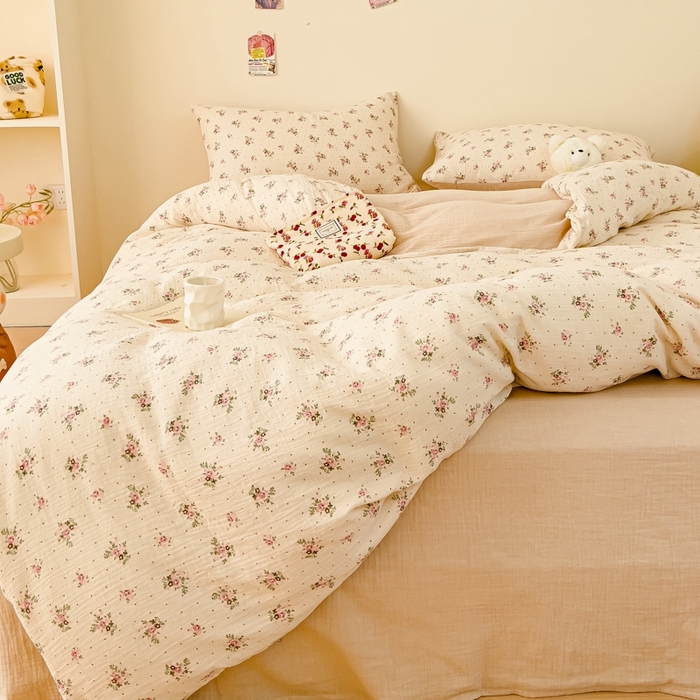 91家纺网 家纺一手货源 找家纺 木楌  2025新款全棉A类皱皱纱印花四件套 洛依