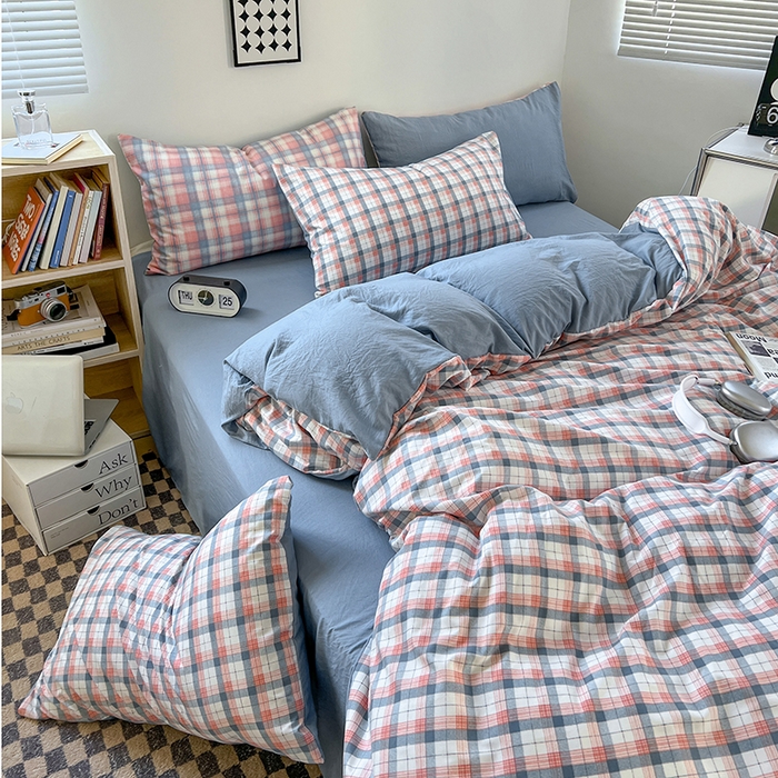 91家纺网 家纺一手货源 找家纺 贝拉梦家纺 2024新款日式简约款格子系水洗棉四件套套件系列-四件套 瑞贝卡