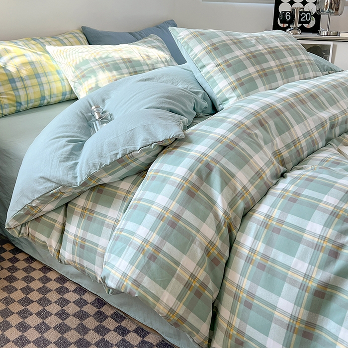 91家纺网 家纺一手货源 找家纺 贝拉梦家纺 2024新款日式简约格子系水洗棉床单款床笠款套件系列-单被套 简兮-绿