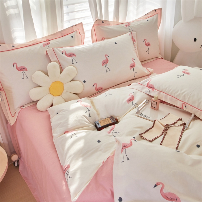 91家纺网 家纺一手货源 找家纺 曼秀琳家纺 2024新款活性全棉印花四件套 火烈鸟-米