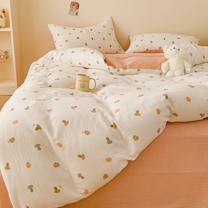 91家纺网 家纺一手货源 找家纺 木楌  2025新款全棉A类皱皱纱印花四件套 小彩蘑