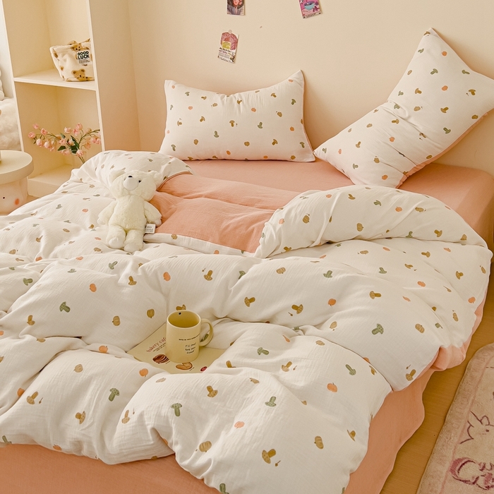 91家纺网 家纺一手货源 找家纺 木楌  2025新款全棉A类皱皱纱印花四件套 小彩蘑