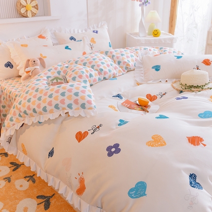 91家纺网 家纺一手货源 找家纺 秋艳2023新款直播电商爆款韩版公主风加厚磨毛植物羊绒床裙四件套 心动时刻