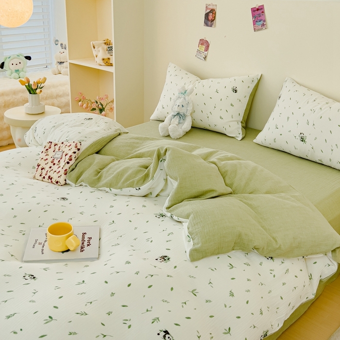 91家纺网 家纺一手货源 找家纺 木楌  2025新款全棉A类皱皱纱印花四件套 小熊猫