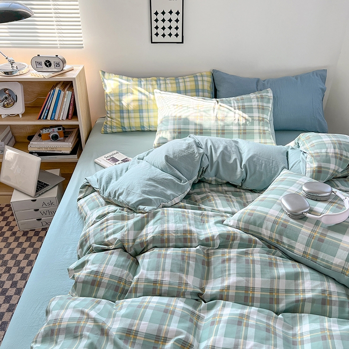 91家纺网 家纺一手货源 找家纺 贝拉梦家纺 2024新款日式简约款格子系水洗棉四件套套件系列-四件套 简兮-绿