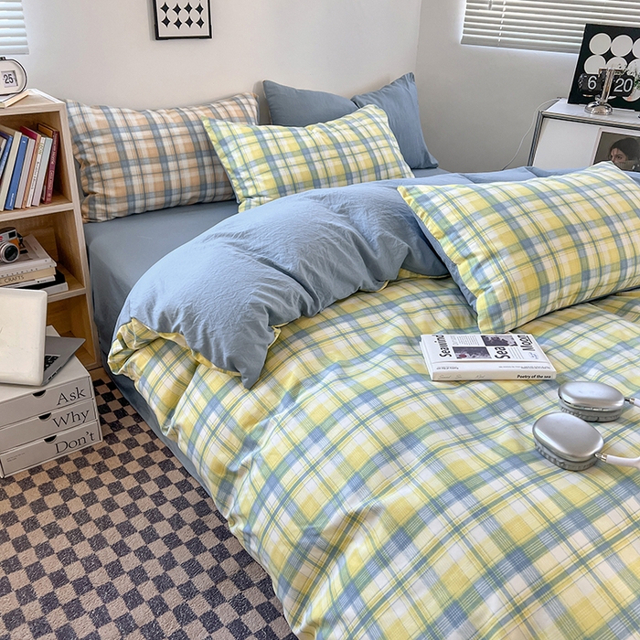 91家纺网 家纺一手货源 找家纺 贝拉梦家纺 2024新款日式简约格子系水洗棉床单款床笠款套件系列-单被套 贝拉-黄