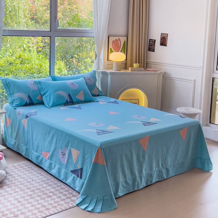 91家纺网 家纺一手货源 找家纺 江南春 2024新款春夏全棉加厚磨毛床单 俏丽羽毛-蓝