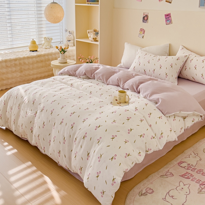 91家纺网 家纺一手货源 找家纺 木楌  2025新款全棉A类皱皱纱印花四件套 知音