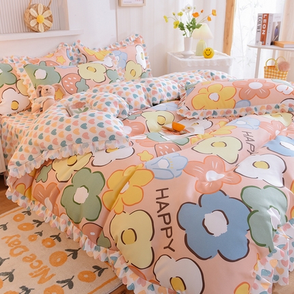 91家纺网 家纺一手货源 找家纺 秋艳2023新款直播电商爆款韩版公主风加厚磨毛植物羊绒床裙四件套 明月花影-玉