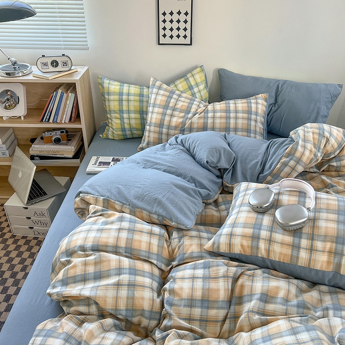 91家纺网 家纺一手货源 找家纺 贝拉梦家纺 2024新款日式简约格子系水洗棉床单款床笠款套件系列-单被套 贝拉-咖