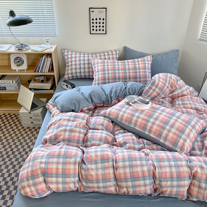 91家纺网 家纺一手货源 找家纺 （总）贝拉梦家纺 2024新款日式简约格子系水洗棉床单款床笠款套件系列-单被套