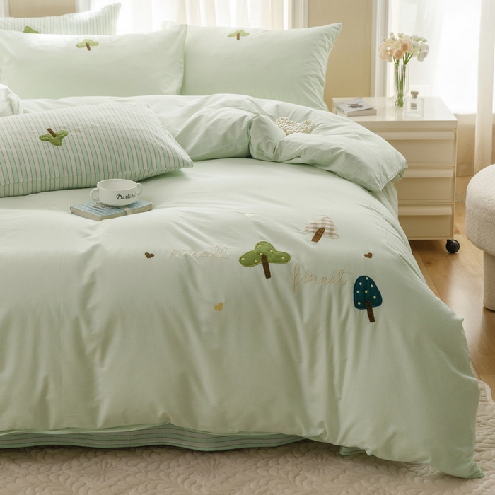 91家纺网 家纺一手货源 找家纺 艾莱家纺 2024新款水洗棉加厚绣花四件套-眷恋 眷恋-青草绿