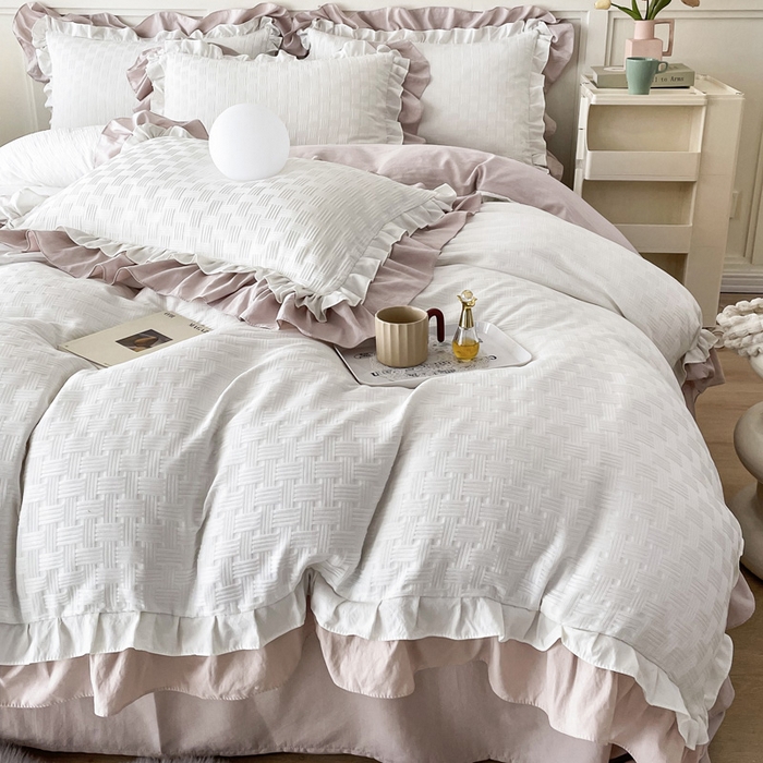 91家纺网 家纺一手货源 找家纺 布可家纺 2025新款泡泡纱水洗双层边四件套-欢乐颂系列 欢乐颂-奶茶