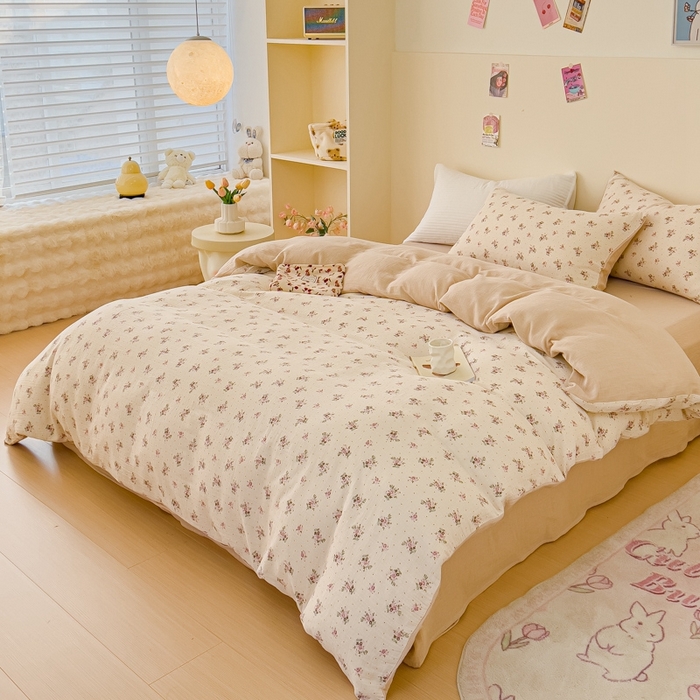 91家纺网 家纺一手货源 找家纺 木楌  2025新款全棉A类皱皱纱印花四件套 洛依