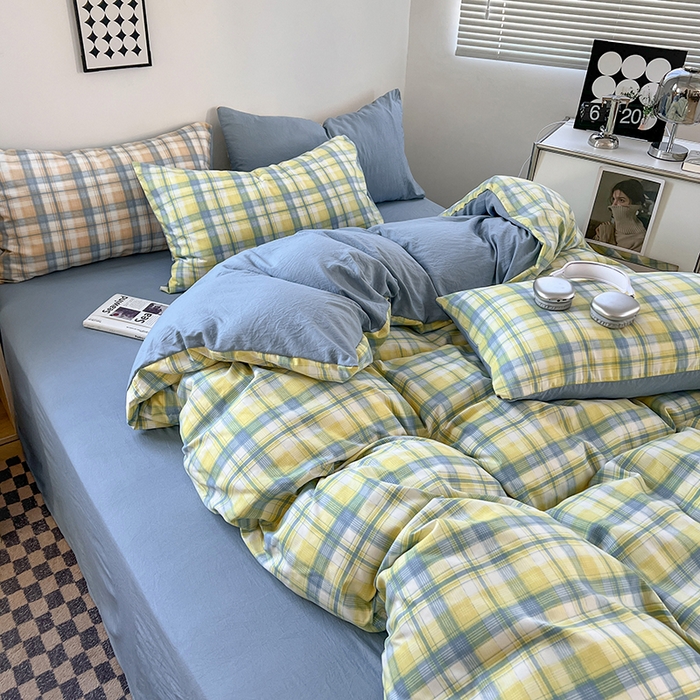 91家纺网 家纺一手货源 找家纺 贝拉梦家纺 2024新款日式简约款格子系水洗棉四件套套件系列-四件套 贝拉-黄