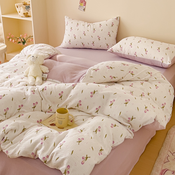 91家纺网 家纺一手货源 找家纺 木楌  2025新款全棉A类皱皱纱印花四件套 知音