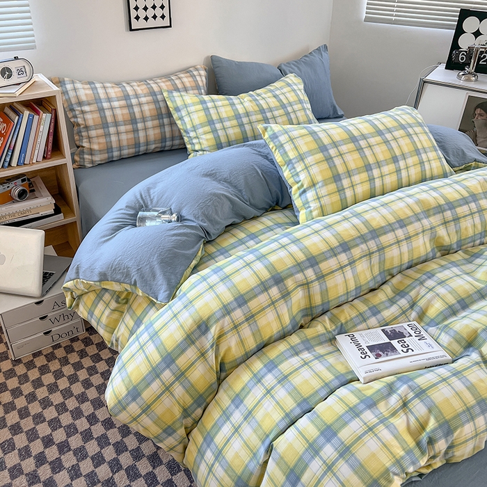 91家纺网 家纺一手货源 找家纺 贝拉梦家纺 2024新款日式简约格子系水洗棉床单款床笠款套件系列-单被套 贝拉-黄