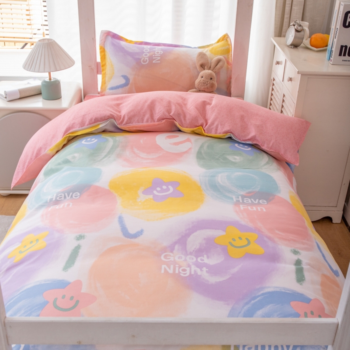 91家纺网 家纺一手货源 找家纺 乐居坊 2024新款亲肤棉 美棉 芦荟棉四件套 学生宿舍床（2月） 彩虹微笑