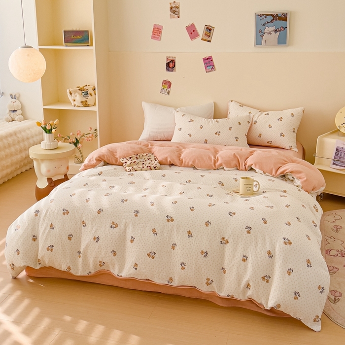 91家纺网 家纺一手货源 找家纺 木楌  2025新款全棉A类皱皱纱印花四件套 初颜