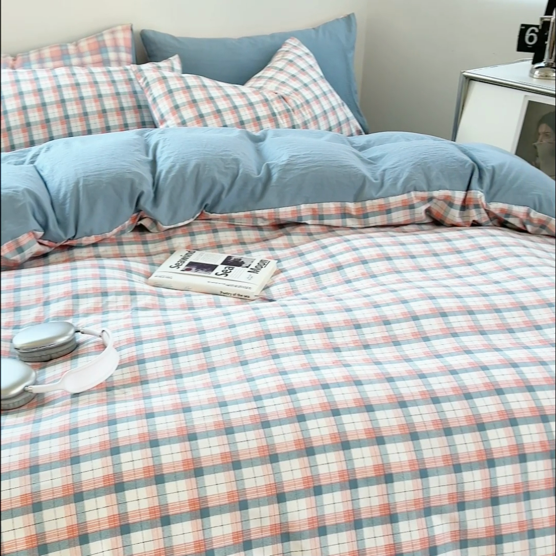 91家纺网 家纺一手货源 找家纺 贝拉梦家纺 2024新款日式简约格子系水洗棉床单款床笠款套件系列-单被套 瑞贝卡