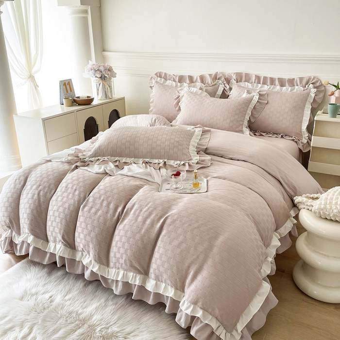 91家纺网 家纺一手货源 找家纺 布可家纺 2025新款泡泡纱水洗双层边四件套-欢乐颂系列 欢乐颂-卡其