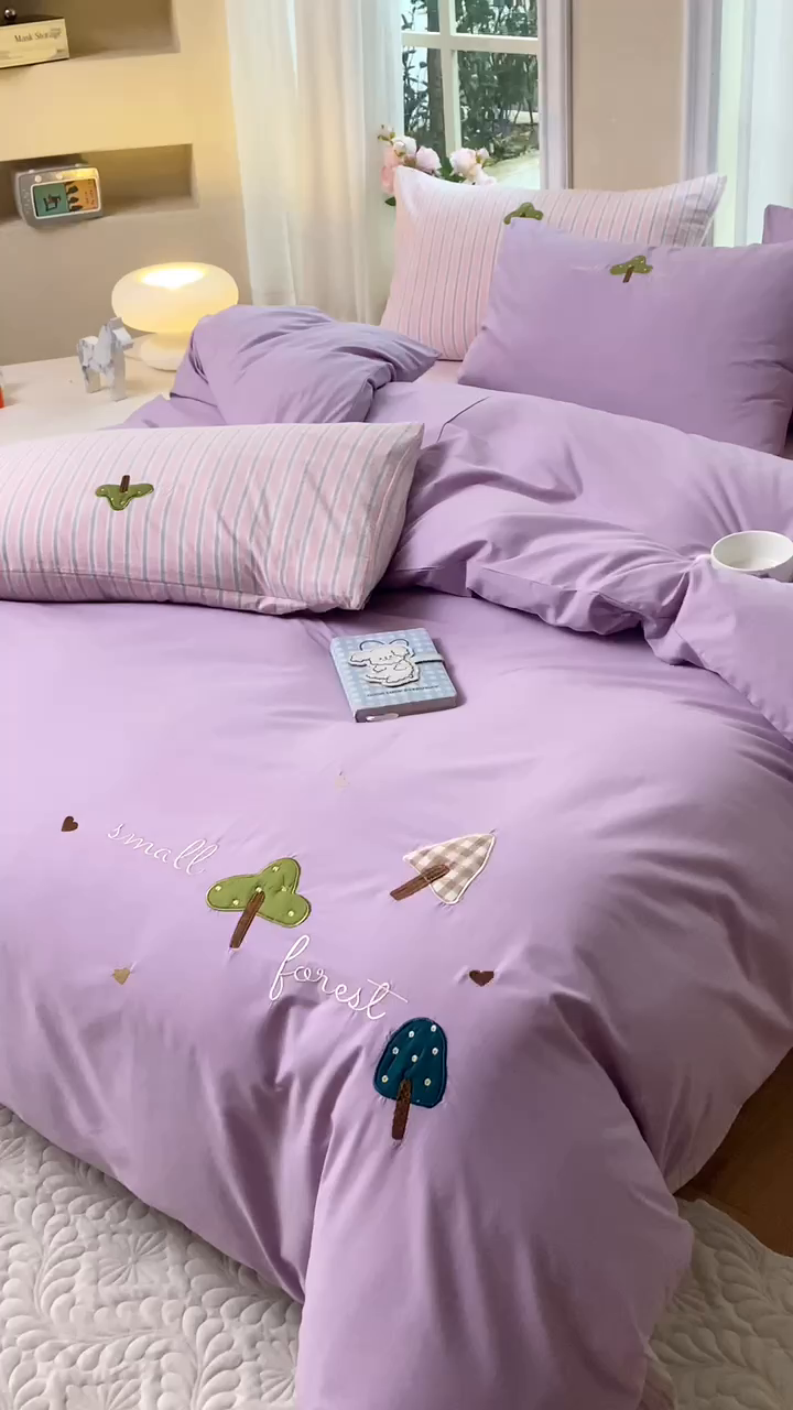 91家纺网 家纺一手货源 找家纺 艾莱家纺 2024新款水洗棉加厚绣花四件套-眷恋 眷恋-丁香紫