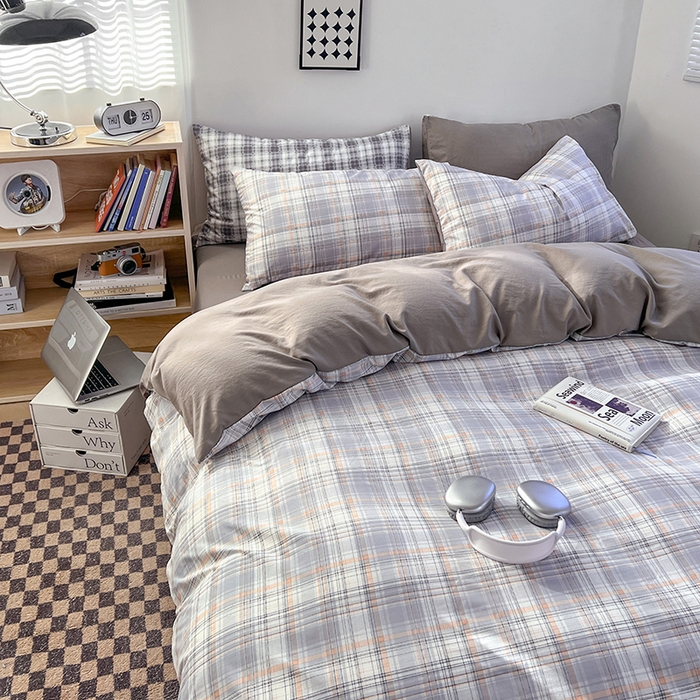 91家纺网 家纺一手货源 找家纺 贝拉梦家纺 2024新款日式简约格子系水洗棉床单款床笠款套件系列-单被套 乔南