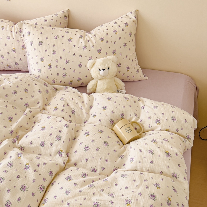 91家纺网 家纺一手货源 找家纺 木楌  2025新款全棉A类皱皱纱印花四件套 紫萱