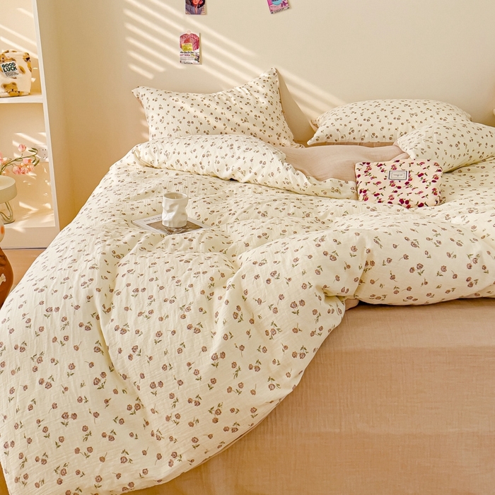 91家纺网 家纺一手货源 找家纺 木楌  2025新款全棉A类皱皱纱印花四件套 芮芮花