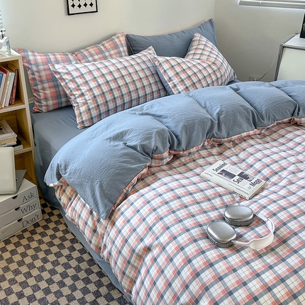 91家纺网 家纺一手货源 找家纺 （总）贝拉梦家纺 2024新款日式简约格子系水洗棉床单款床笠款套件系列-单被套