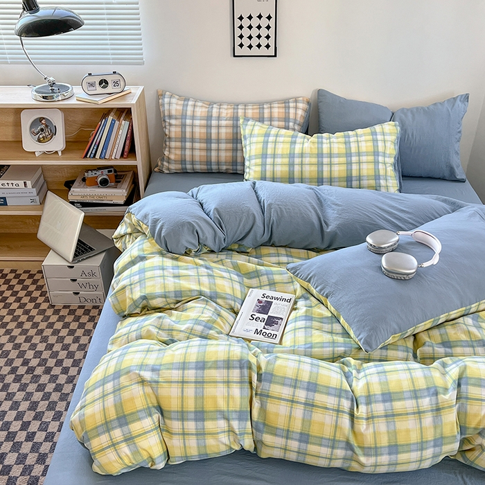 91家纺网 家纺一手货源 找家纺 贝拉梦家纺 2024新款日式简约格子系水洗棉床单款床笠款套件系列-单被套 贝拉-黄