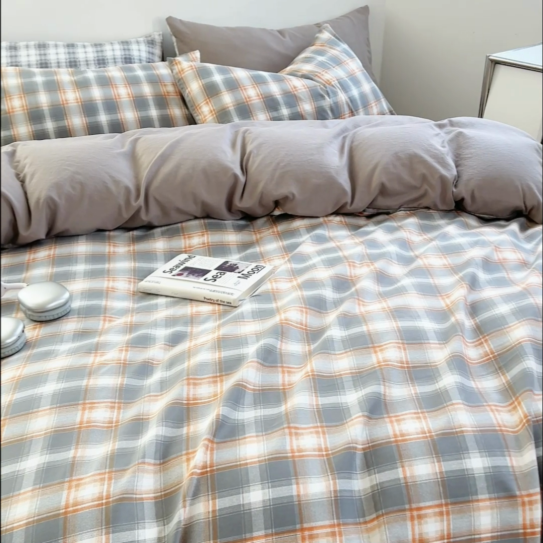 91家纺网 家纺一手货源 找家纺 贝拉梦家纺 2024新款日式简约格子系水洗棉床单款床笠款套件系列-单被套 利奥