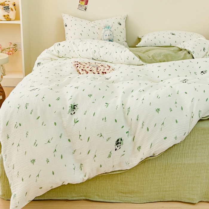 91家纺网 家纺一手货源 找家纺 木楌  2025新款全棉A类皱皱纱印花四件套 小熊猫