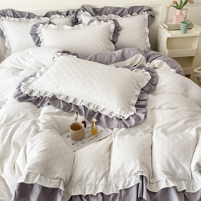 91家纺网 家纺一手货源 找家纺 布可家纺 2025新款泡泡纱水洗双层边四件套-欢乐颂系列 欢乐颂-奶灰