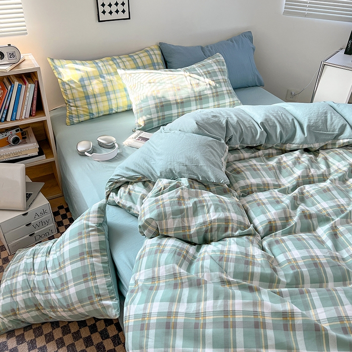 91家纺网 家纺一手货源 找家纺 贝拉梦家纺 2024新款日式简约款格子系水洗棉四件套套件系列-四件套 简兮-绿