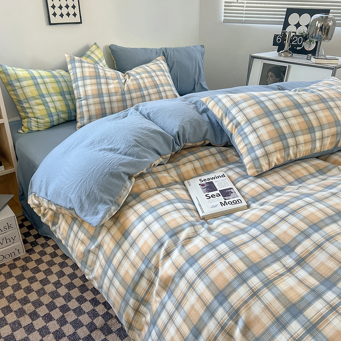 91家纺网 家纺一手货源 找家纺 贝拉梦家纺 2024新款日式简约格子系水洗棉床单款床笠款套件系列-单被套 贝拉-咖