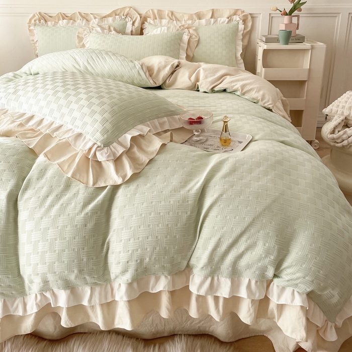 91家纺网 家纺一手货源 找家纺 布可家纺 2025新款泡泡纱水洗双层边四件套-欢乐颂系列 欢乐颂-绿