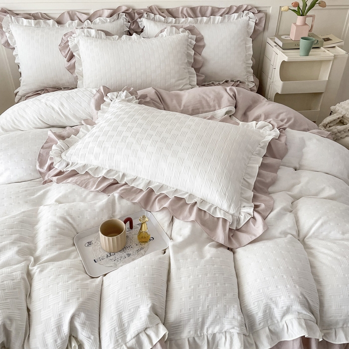 91家纺网 家纺一手货源 找家纺 布可家纺 2025新款泡泡纱水洗双层边四件套-欢乐颂系列 欢乐颂-奶茶