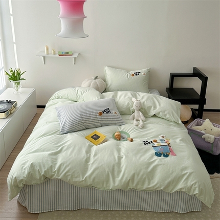 91家纺网 家纺一手货源 找家纺 柚子YOUTH 2024新款全棉水洗棉条纹毛巾绣四件套 咖啡豆