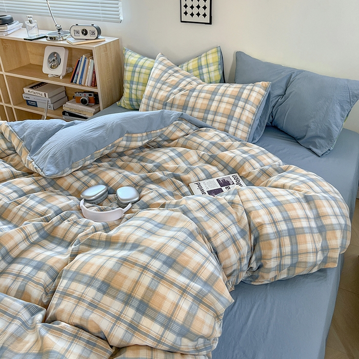 91家纺网 家纺一手货源 找家纺 贝拉梦家纺 2024新款日式简约款格子系水洗棉四件套套件系列-四件套 贝拉-咖