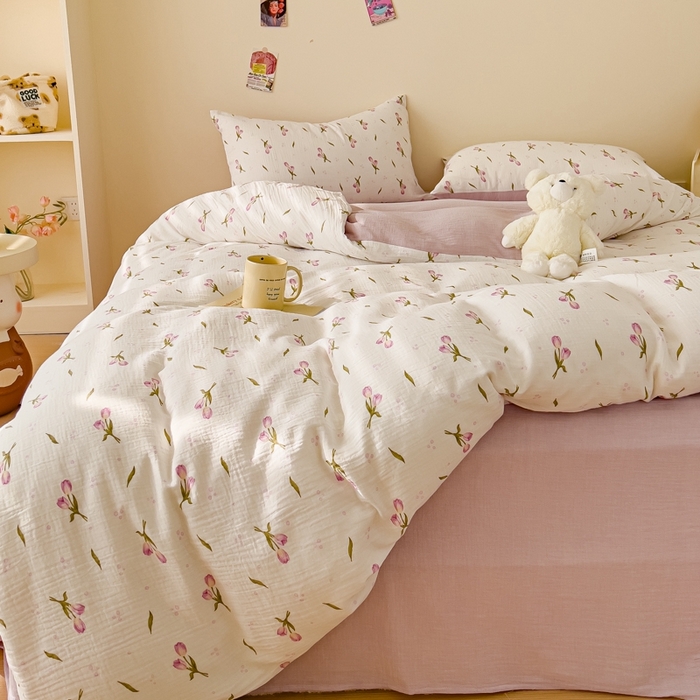 91家纺网 家纺一手货源 找家纺 木楌  2025新款全棉A类皱皱纱印花四件套 知音