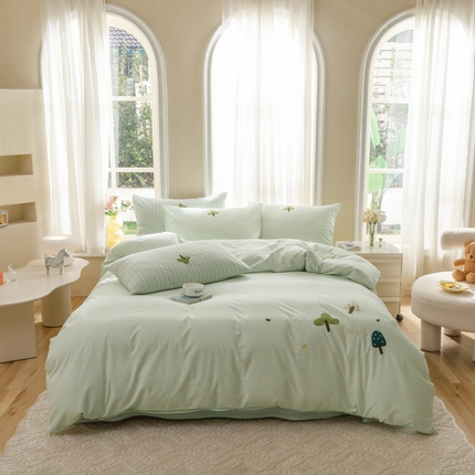 91家纺网 家纺一手货源 找家纺 艾莱家纺 2024新款水洗棉加厚绣花四件套-眷恋 眷恋-青草绿