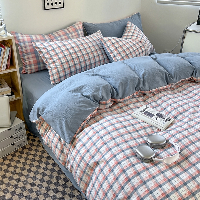 91家纺网 家纺一手货源 找家纺 贝拉梦家纺 2024新款日式简约格子系水洗棉床单款床笠款套件系列-单被套 瑞贝卡