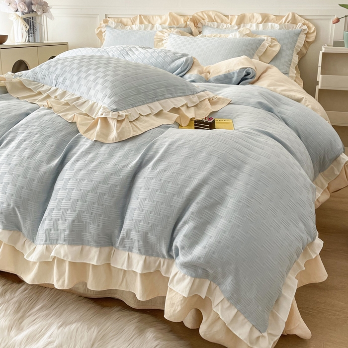 91家纺网 家纺一手货源 找家纺 布可家纺 2025新款泡泡纱水洗双层边四件套-欢乐颂系列 欢乐颂-蓝