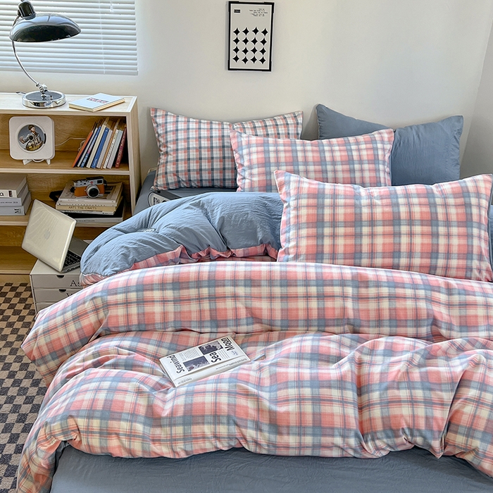 91家纺网 家纺一手货源 找家纺 贝拉梦家纺 2024新款日式简约款格子系水洗棉四件套套件系列-四件套 贝拉-粉