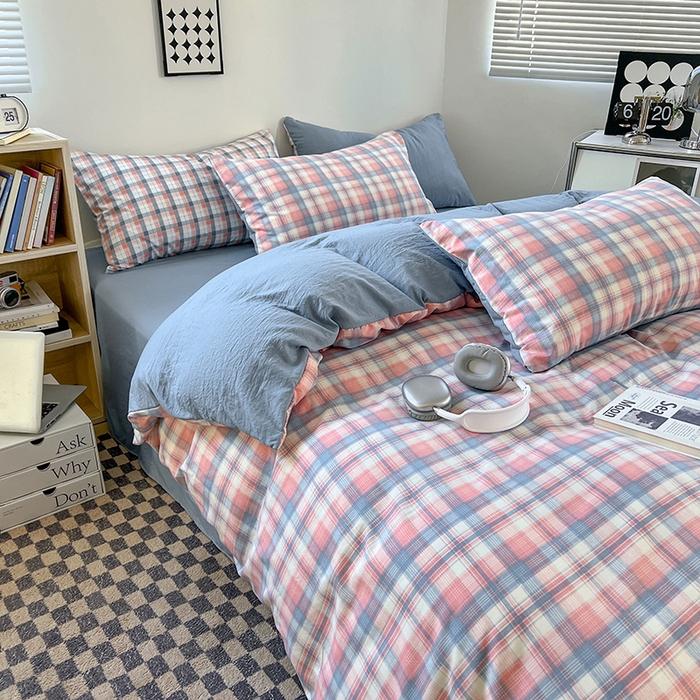 91家纺网 家纺一手货源 找家纺 （总）贝拉梦家纺 2024新款日式简约格子系水洗棉床单款床笠款套件系列-单被套