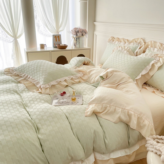 91家纺网 家纺一手货源 找家纺 布可家纺 2025新款泡泡纱水洗双层边四件套-欢乐颂系列 欢乐颂-绿