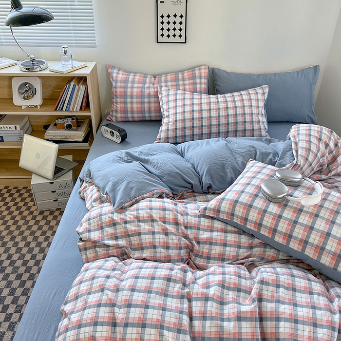 91家纺网 家纺一手货源 找家纺 贝拉梦家纺 2024新款日式简约款格子系水洗棉四件套套件系列-四件套 瑞贝卡
