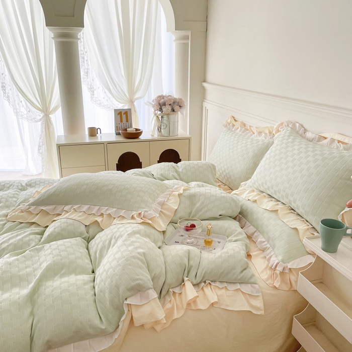 91家纺网 家纺一手货源 找家纺 布可家纺 2025新款泡泡纱水洗双层边四件套-欢乐颂系列 欢乐颂-绿